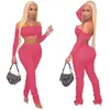 Women's Two Piece Pants Black/rose Red/burgundy Cascading Ruffles Pant Suits Women Slash Neck Long Sleeve Crop Top And Stacked Outfits