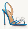 Berömda sommarbrud Kristallbågar Utsmyckade sandaler Skor Kvinnor Pumps Satin Spänne Klänning med hög stilettklack Brudbröllop EU35-43 Box