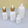 Opal White Glass Bottle 15ml 30ml 50ml com gotas de gotas de bambu 1 onças de madeira garrafas de óleo essencial