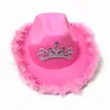 Berets Pink Panama Hat Feathe Women's Party Cowboy Wide Brim Winter Bucket Woolen Cap For Female Cosplay Princess Crown YFM043Berets Oli