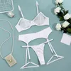 Mulheres lingerie Conjunto de 3 peças malha branca renda transparente chian strap push up sutiã e lingerie calcinha ver através do erótico vem l220727