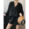 Kvinnors träningsdräkter Chiffon Solid 2 Pieces Women Shorts Set Loose Lantern Sleeved Blus and Wide Ben Elegant Office Lady Clothing