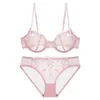 Underbara broderier lotus rosa ultratunna kvinnor sexiga transparenta kanter underkläder bra underkläderuppsättning l220727