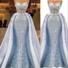 2024 Sexy Bleu Clair Luxueux Sirène Robes De Soirée Chérie Illusion Pleine Dentelle Appliques Cristal Perlé Longues Overskirts Robe De Soirée Formelle Robes De Bal
