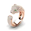 Fashion Unisex Full Crystal rings Inlaid Leopard Panther Head Green Eyes Micro-inlaid Zircon Opening Ring Party Jewelry Bijoux Gift