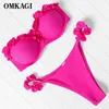 OMKAGI Bikini Set Bandeau High Cut Solid Swimsuit Women Swimwear Sexy Push Up Bathing Suit Beachwear Leopard 220408