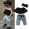 Kläderuppsättningar 0-36månter Baby Girls Summer Outfits Off Shoulder Polka Dot Tops Ripped Jeans Bow pannband Casual 3st SetClothing