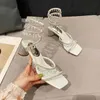 2022 Yaz Yeni kadın Sandalet Moda Lüks Kulübü Kare Toe Kristal Ayakkabı Rhinestone Yılan Yüksek Topuk Sandalet Ziyafet Ayakkabı Y220409