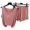 Tank Top + Shorts Summer Pajamas 2 Piece Set Casual HomeWear Suit för Kvinnor Kvinna Modal Atoff Hem Kläder 220329