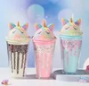 Unicorn Water Cup 450ML Двойной слой Двухслойные Дети Kawaii Tumbler Пластиковая Бутылка с соломенной мороженым Стиль Розовые Девушки Пить