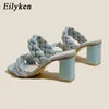 Eilyken verano tejido mujer zapatillas diapositivas punta abierta tacones bajos zapatos sandalia mujer ocio playa verde blanco chanclas