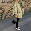 Berrygo Winter Green curto curto mulheres mulheres casuais mangas compridas casacos sem gola fêmea bolso grosso casaco quente tampos femininos 211120