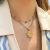 Romantic Layered Necklace Natural Stone Fine Chain Necklace for Women Fashion Rhinestone Metal Disc Text Necklaces