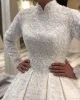 Wspaniałe muzułmańskie sukienki ślubne na wysokiej szyi ślubne suknia balowa z długimi rękawami cekiny koronki applique zamiatanie pociągu wykonane na zamówienie rozmiaru rozmiaru de novia 403 403