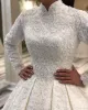 Moslim High prachtige nek trouwjurken bruidsbaljurk met lange mouwen pailletten kanten aplique sweep trein op maat gemaakte plus size vestido de novia 403