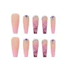 False Nails 24pcs Long Coffin Yellow Flower Designs Rhinestone Ballerina Fake Full Cover Nail Tips Press on 0616