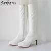 Sorbern White Shiny Knie High Stiefel US9 Low Kätzchen Heels Spitzer Zehenplattform Schuhe Custom Bein breit oder schlanker Anpassungsgröße EU33-48