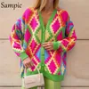 Sampic Winter Women Basic V pescoço malhas de tamanho grande Argyle Cardigans verde 2021 Autumn Moda Y2K Cardigans de malha de malha