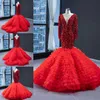 Red Sparkly Mermaid Prom Dresses 2022 Sheer O-neck Illusion Long Sleeve Full Beaded Crystal Clound Ruffles Skirt Evening Gown