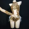 Abbigliamento da palcoscenico Strass scintillanti Body in rete Body da donna con piume Costume da ballo Abito da discoteca Bar Party Festeggia il compleanno DressStage