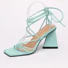 Fashion Solid Square Open Toe Summer Sandals PU Ankle Cross-Tied Mid Heel Women Shoes Concise 35-42 Zapatos Mujer 220516