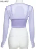 Purple Long Sleeve Crop Top Women Spaghetti Strap Corset Top Summer Sexy Mesh Cami Top Y2K Two Piece Set Club Outfits 220331