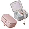 Portable Travel Jewelry Box with Mirror Double Zipper PU Leather Mini Gifts Case Display Storage Organizer for Rings Earrings Necklaces Bracelets