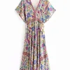 Винтажные шикарные женщины Peacock Floral Print Bat рукав Beach Bohemian Maxi платья халаты дамы V-образным вырезом в кисточке Летние Boho платье 220406