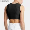 Camisetas sin mangas para hombre, ropa de calle de retazos de malla con cuello redondo, chalecos transparentes sin mangas, camisetas cortas sexis para fiesta y club nocturno para hombre, INCERUN 220527