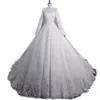 Diğer gelinlikler zarif prenses müslüman elbise uzun kolu yüksek boyun dantel up ünlü balo elbisesi vestido de noiva artı boyutu