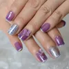 Falska naglar glansiga ljus lila 3D -fjäril Tryck på franska falska holo glitter squoval fyrkant för flicka finger konst prud22