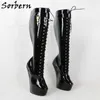 Sorbern Lockable Boots Women Thick Platform Boots 43 Heeless Shoes Lace Up Customized Locks With Key Fetish High Heel Shoes