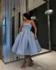 Ny ljusblå Kort kväll Prom Klänningar för tjejer 2022 Enkelt under 100 Formella klänningar Strapless Satin Ball Gown Party Homecoming Cocktail Dress
