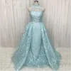 Robe de Soirée Femme Blue Lace Prom Aftonklänningar med Overkirt High Neck Elegant Enkel Gown Vestidos de Cocktail