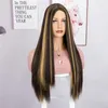 Perruque Lace Front Wig synthétique lisse à reflets, perruques ombrées, pre-plucked, résistantes à la chaleur, cheveux de Cosplay