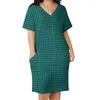 Plus Size Dresses Green Black Houndstooth Dress V Neck Pattern Trendy Kawaii Women Aesthetic Print Casual With Pockets SizePlus