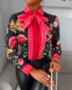 Women Casual Autumn Turn-down Collar Chic Chiffon Blouse Tie Neck Floral Long Sleeve Ladies Shirt 220402