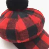 Berets Women Plaid Baker Boy Hat Removable Faux Fur Pompom Girls Red Black Checked Baseball Cap Octagonal Sboy Winter HatBerets