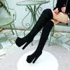 Oversized Ultra-High Thick-Heeled Patent Leather Women's Over-The-Knee Boots Waterproof Platform Flock Long-Tube Elastic Boots