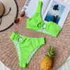 Women's Swimwear One Shoulder Bikini Set 2 Piece Women's Swimsuit High Waist Sexy Rings Biquini Ribbed Bathing Suit Brazilian BikinisWom