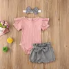 Citgeett Summer Solid 3st Infant Girl Outfits Set Short Sleeve Ruffle Romper Plaid Shorts Bow pannbandskläder 220620