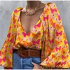 Women's T-Shirt Cottagecore Retro Butterfly Long Sleeve Puff Top Printed Ladies Lace Orange V-Neck Woven Summer Street WearWomen's
