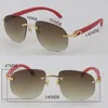 New Metal Rimless Original Red Wood Sunglasses Fashion Wooden Sun glasses Man 18K Gold Goggle Outdoor Design Classical Model UV400 Lens Male and Female Frame Size:56