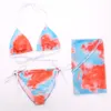 Maillots De Bain Femme 3 Pièces Maillots De Bain Vêtements De Sport Tie Dye Impression Bikini Ensemble Triangle Halter Top Slip String Et Écharpe De Plage