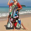 캐주얼 드레스 Boho Women Kaftan Bikini 커버 업 느슨한 드레스 2022 여름 민족 인쇄 짧은 슬리브 해변 긴 수영복 블라우스