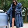 Cappotto da donna in vera pelliccia blu con cappuccio 2022 lungo 110 cm argento genuino di alta qualità con cappuccio cappotti da donna spessi e caldi Women's Women'sWome