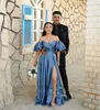 Blue Evening Dresses Party Satin A-Line Detachable Short Sleeves Arabic Dubai Prom Gowns Celebrity Formal