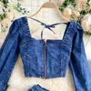 2022 Autumn Two Piece Dress Women Sexy Jeans Set Long Sleeve Crop Tops And Bodycon Short Denim Skirt Suits for Woman
