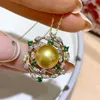 قلادة قلادة S925 Silver Pearl للنساء 10-13 مم بحر جنوب ذهبي مع زركونيا مكعب الهدية المجوهرات المصنوعة يدويًا لها A415