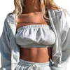 Women's Tracksuits Women Three-piece Sports Clothes Set Solid Color Hooded Jacket Tube Tops And Shorts Blue/ Pink/ GreyWomen's